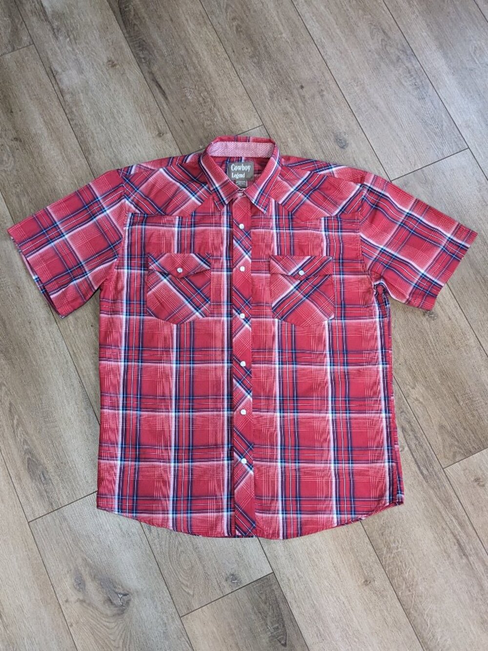 Cowboy Legend Men’s Short Sleeve Plaid Pearl Snap Button Down Shirt Red XL